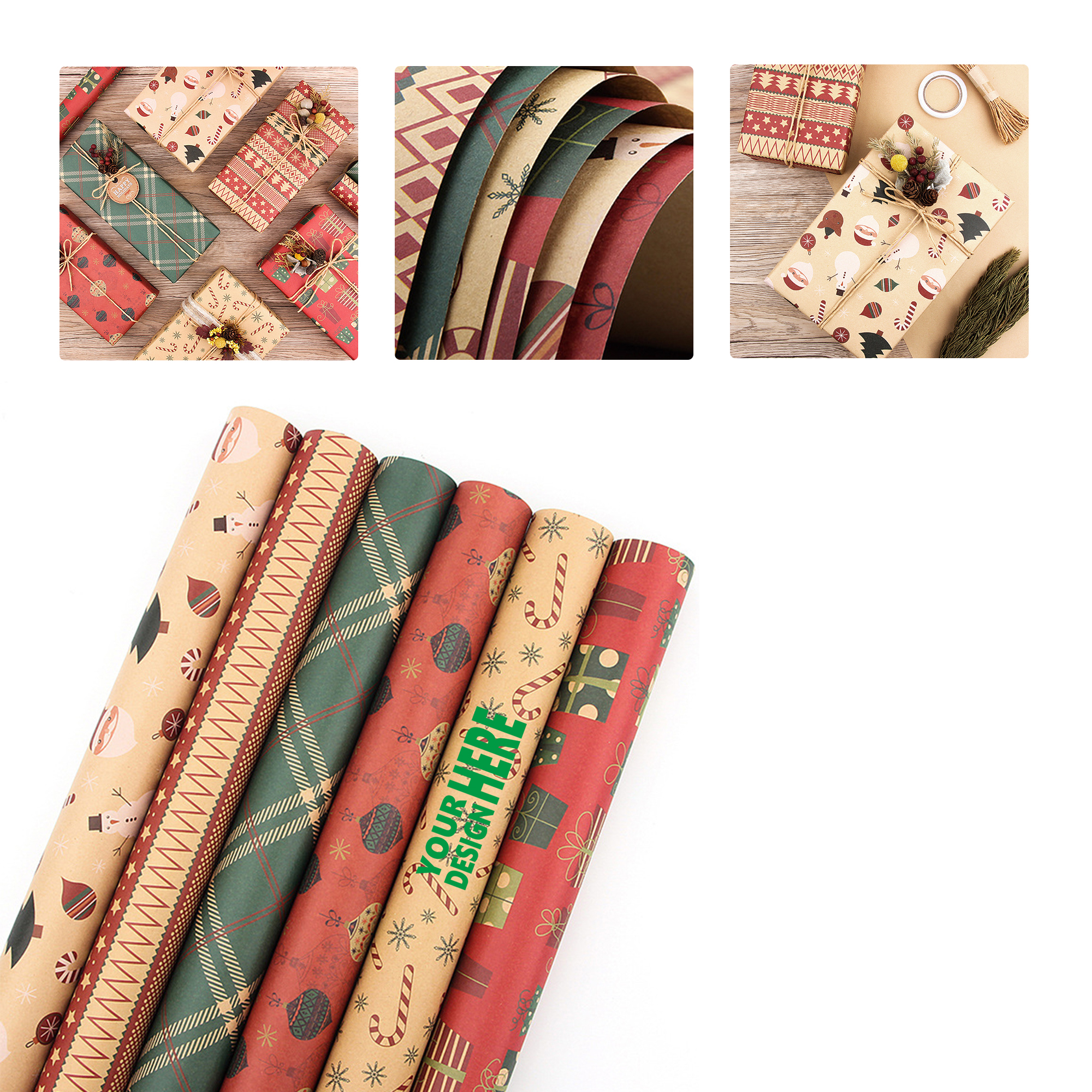 MOQ50 Custom Vintage Christmas Kraft Wrapping Paper Set 2