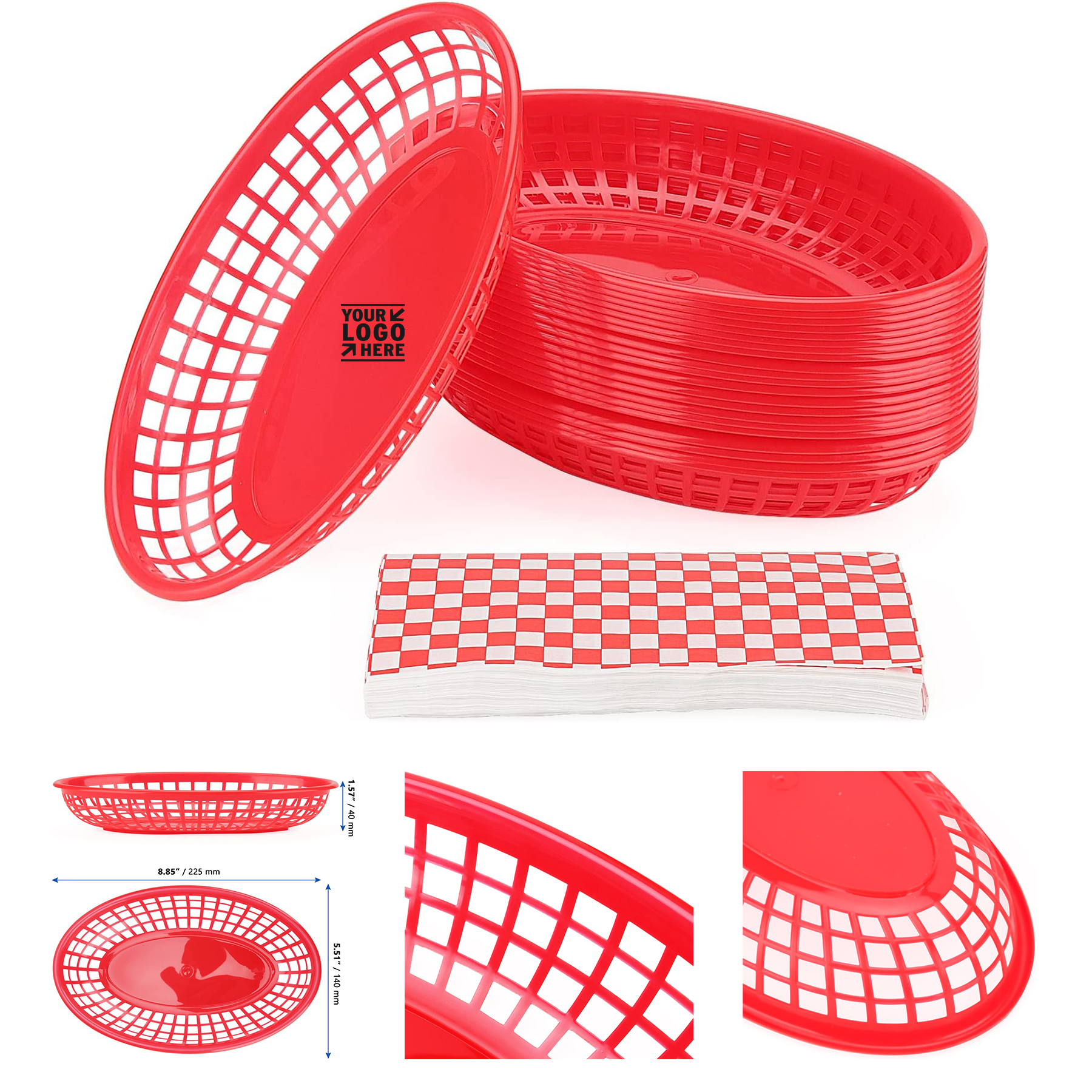 8.8 x 5.5 Inch Red Fast Plastic Food Serving Basket With Checkered Deli Liner 2