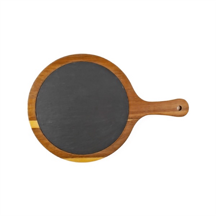 Small Flair Round Acacia Wood & Slate Serving Board w/Handle 4