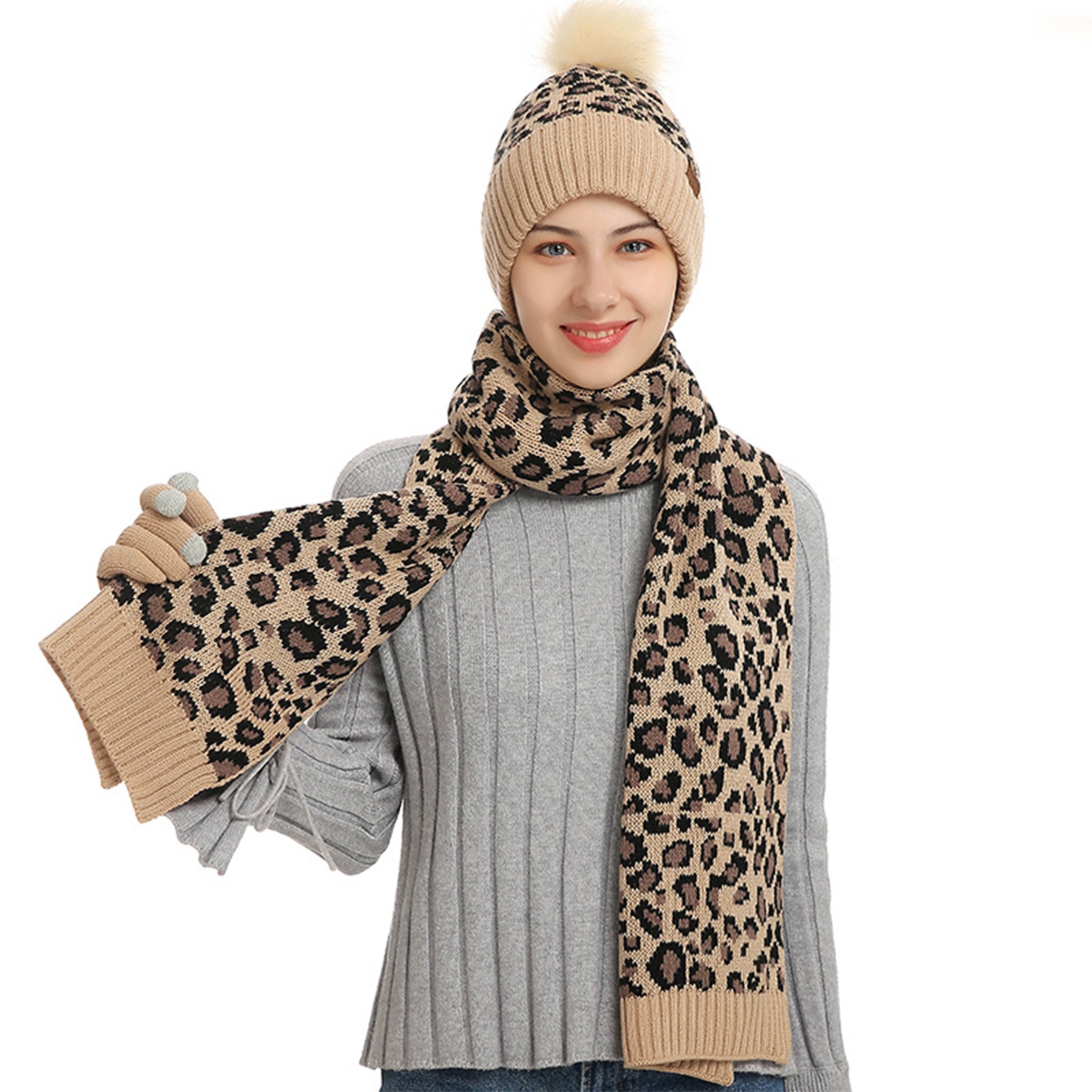 3 Piece Leopard Pom-pom Beanie Gloves Set 6