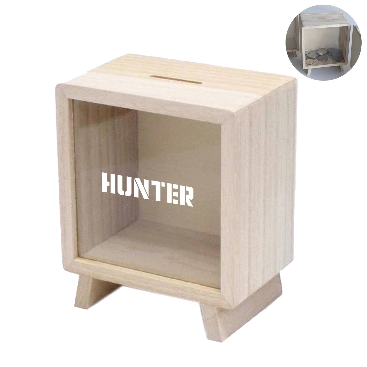 Solid wood money storage jar with visible window