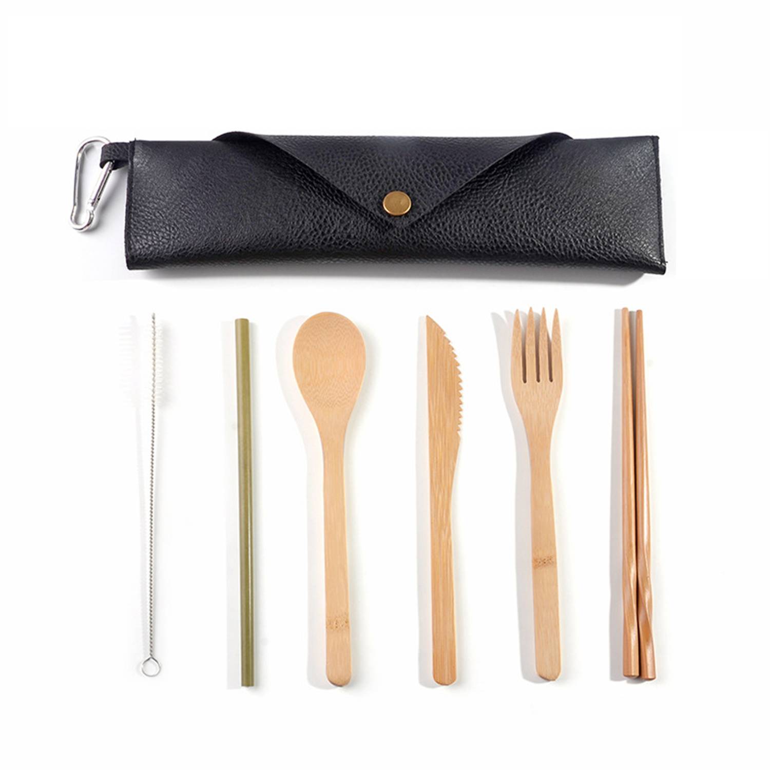 Travel Reusable Bamboo Cutlery Set With A Leather Pouch 4