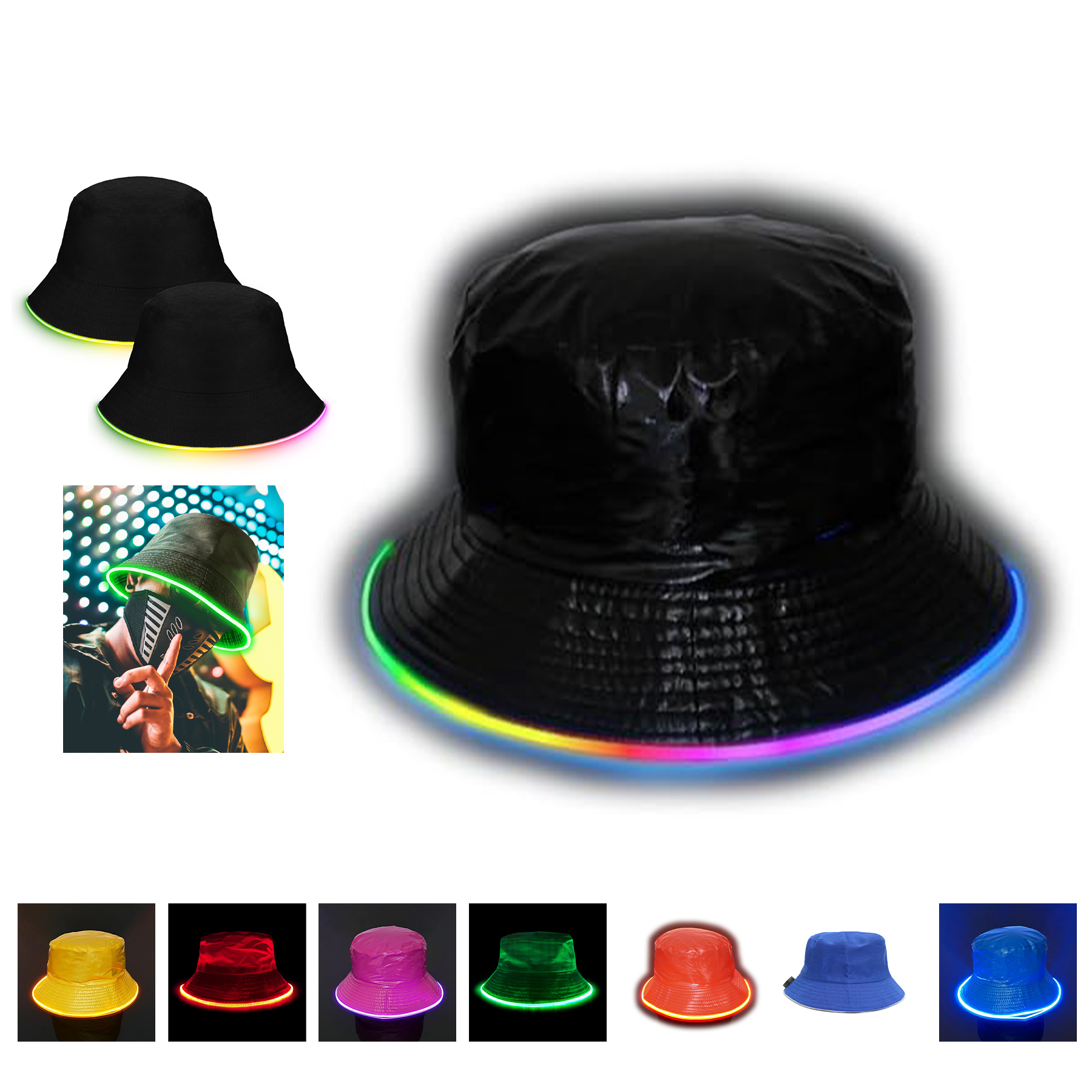 LED Bucket Hat PU Glowing Cap Festival Rave 5