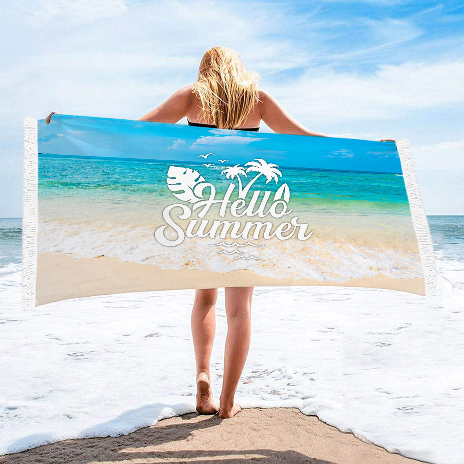 Free Shipping Full Color 250gsm Microfiber Beach Towel w/ tassel - 55 x 28 3