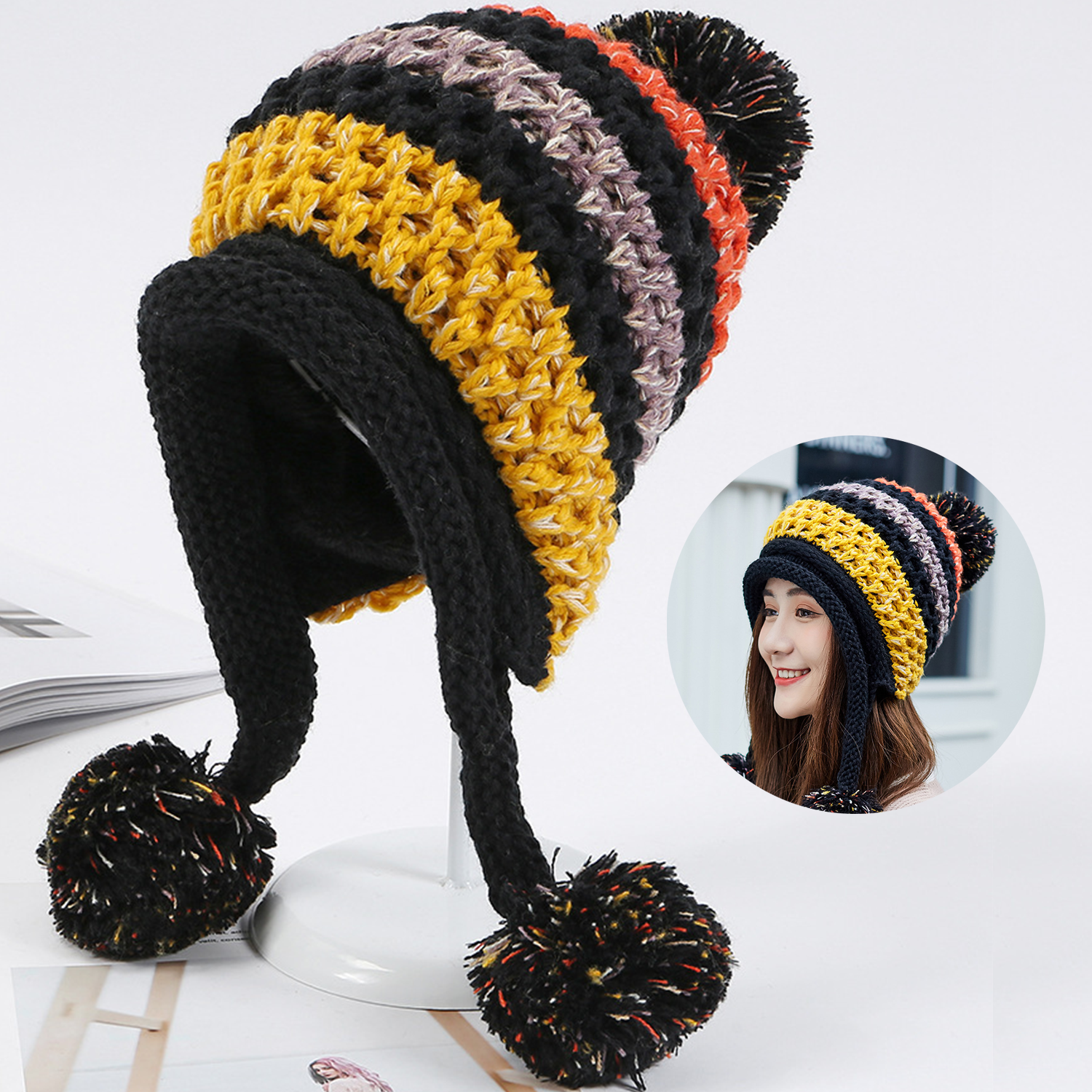 Winter Wool Knit Cap with Pom-Poms for Women 5