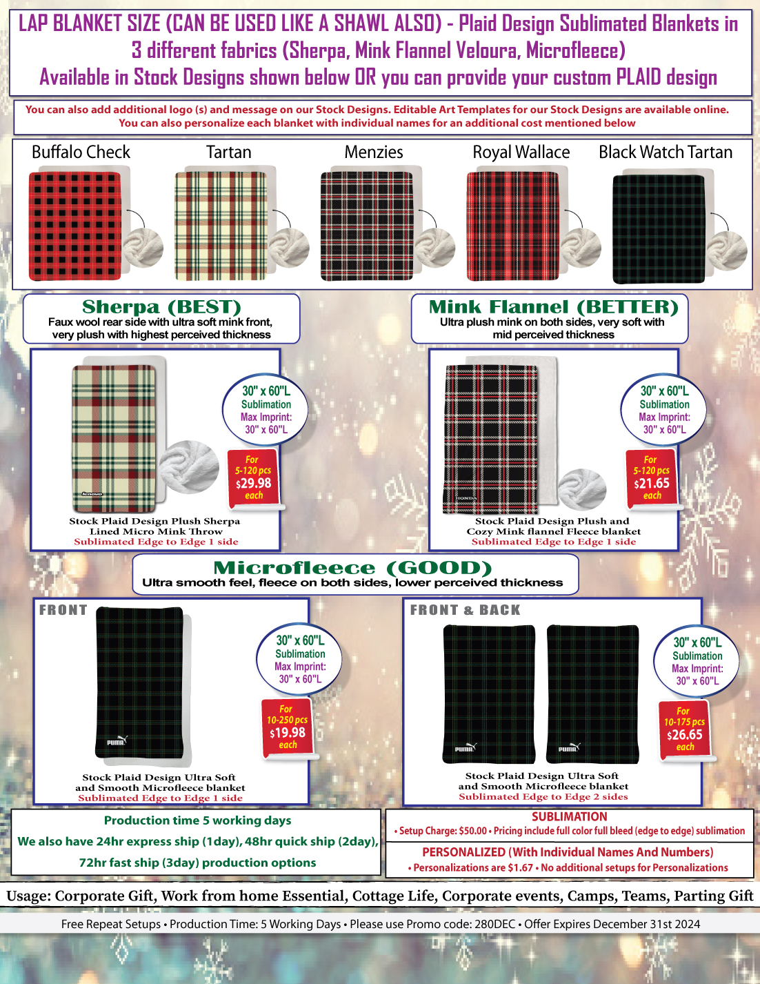 Stock Plaid Design Ultra Soft and Smooth Microfleece blanket, 30"x60", Sublimated 2 sides 9