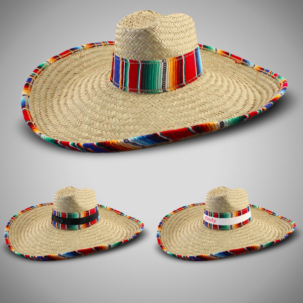 Giant Natural Straw Sombrero with Serape Trim(w/white band) 2