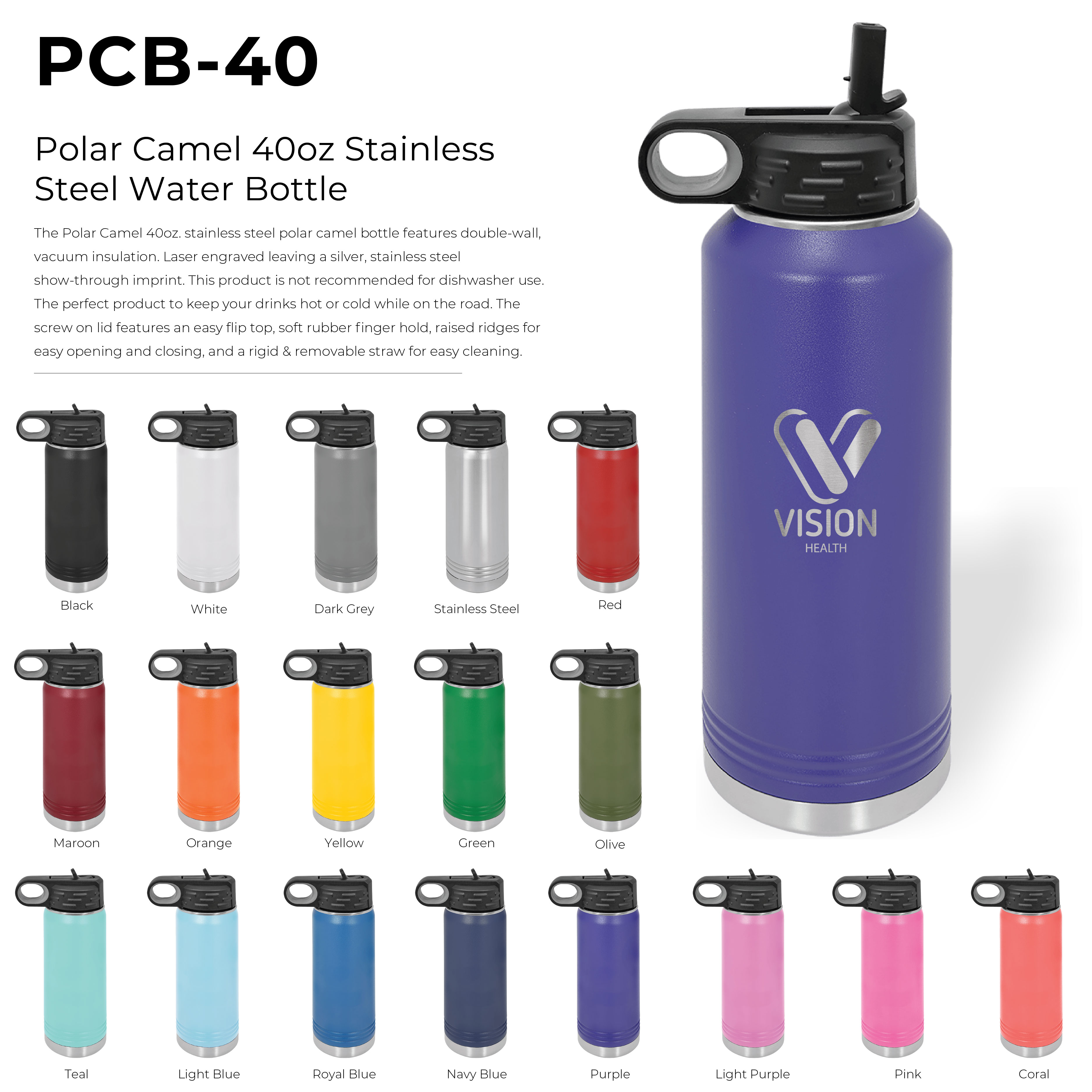 Polar Camel 40oz. Stainless Steel Water Bottle 81
