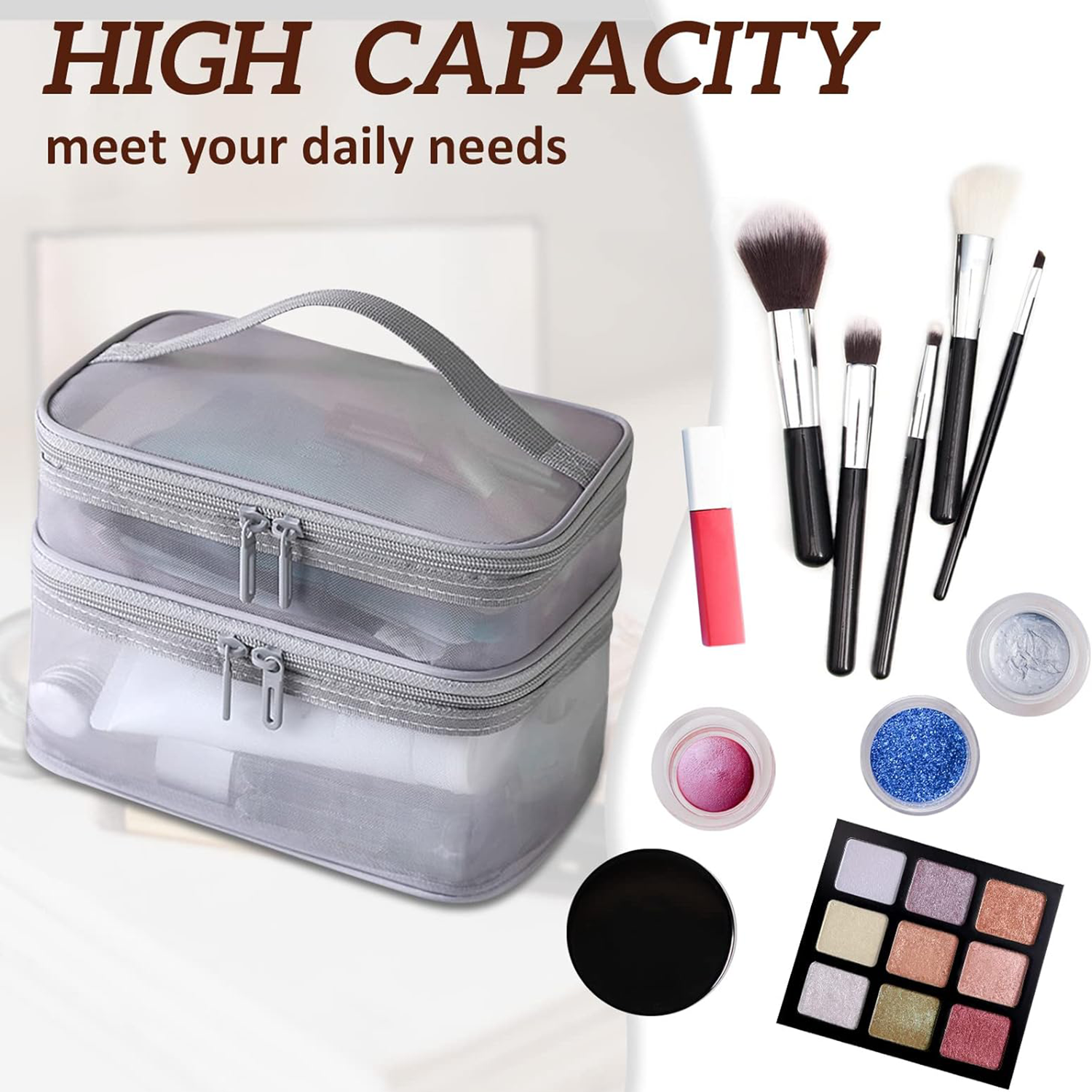 Large Capacity Portable Double Layer Mesh Cosmetics Bag 5