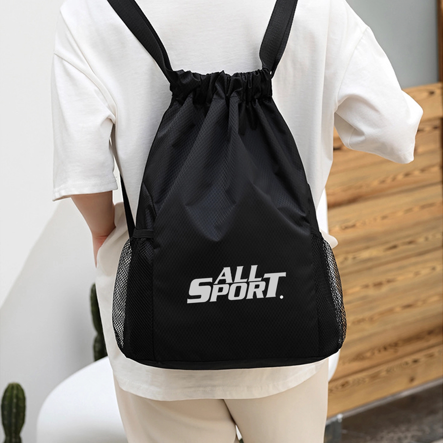 Nylon Drawstring Sports Backpack w/ Mesh Pocket 3