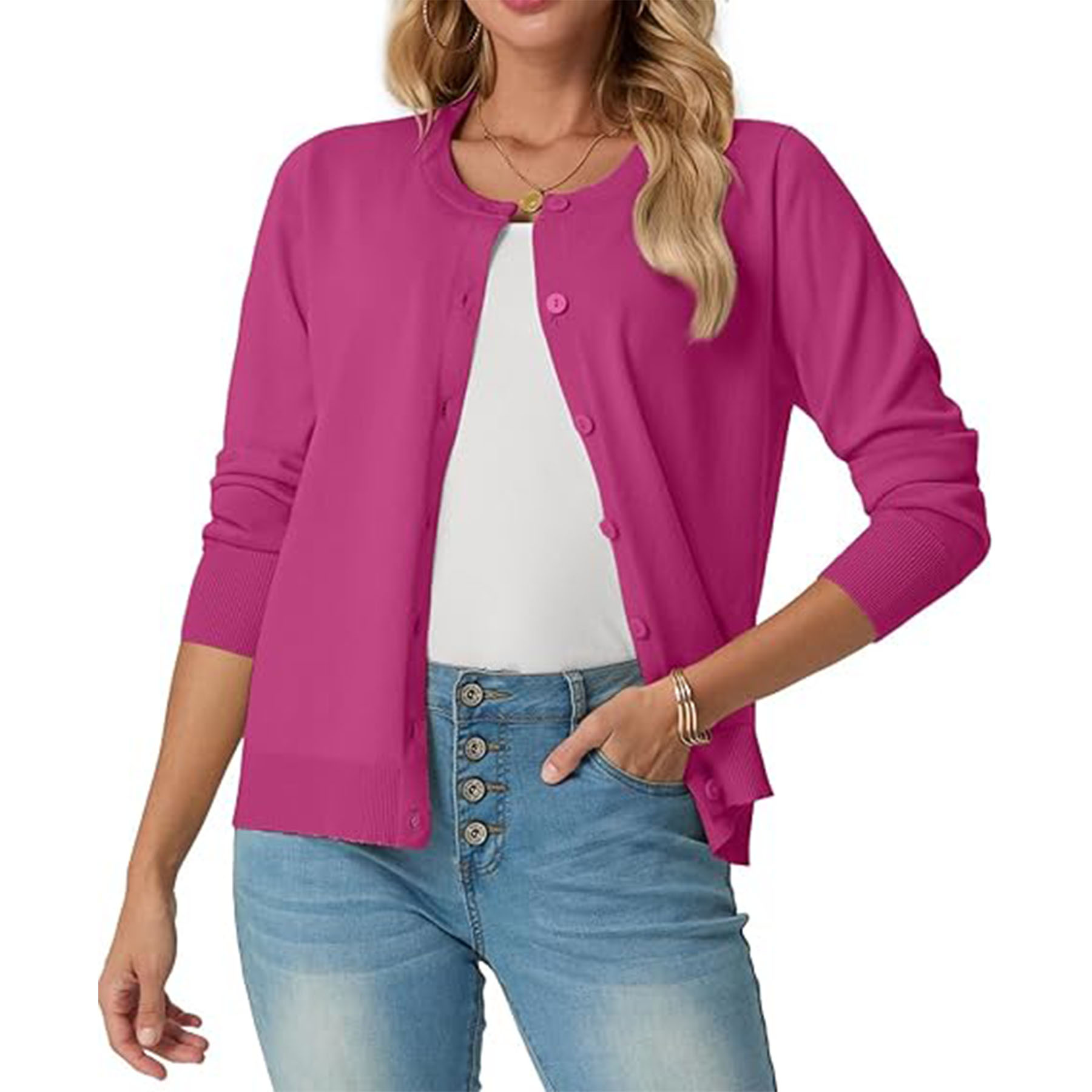 Women's Long Sleeved Lightweight Round Neck Casual Cardigan 17