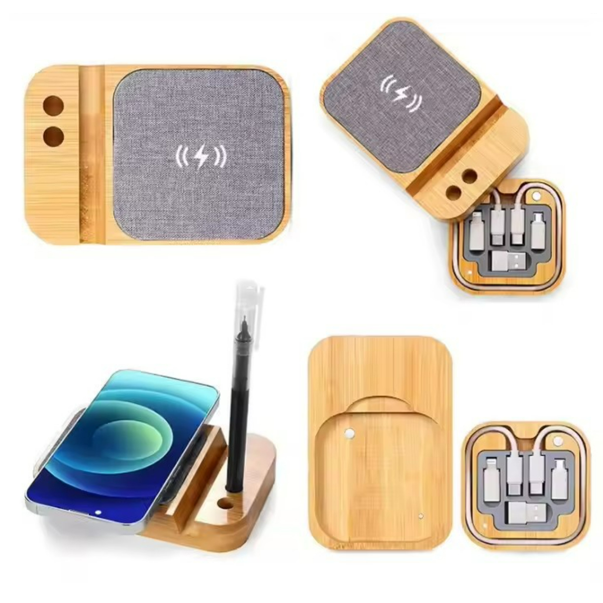 Bamboo Wireless Charging Phone Stand with Pen Holder 5