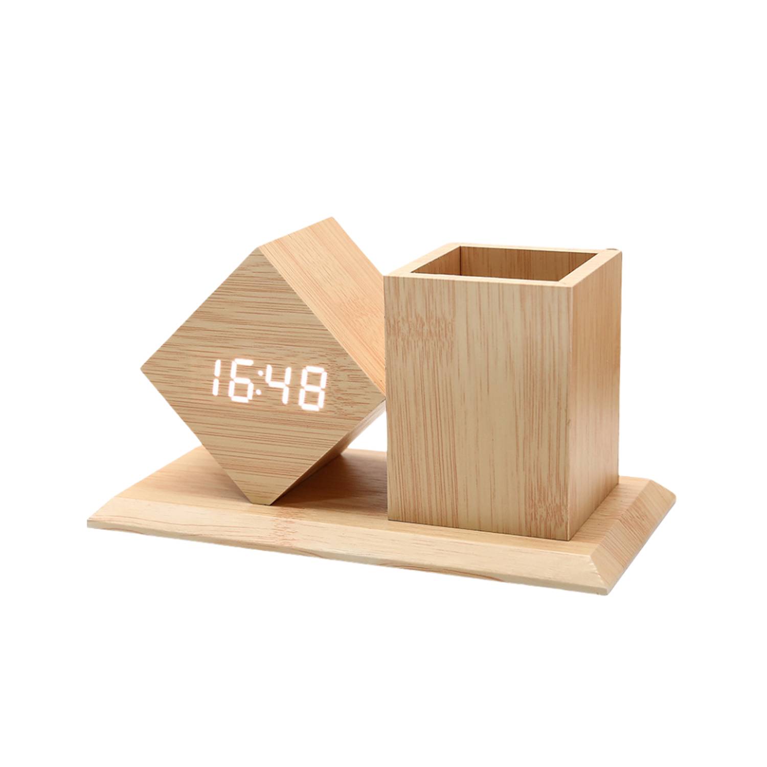 Students Wooden Voice Controlled LED Pen Holder Alarm Clock 2