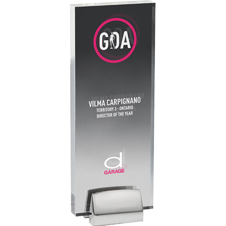 Tall Clear Acrylic Award with Chrome Base (3 1/2"x 9"x 3/4") Screen-Printed Spot Colour