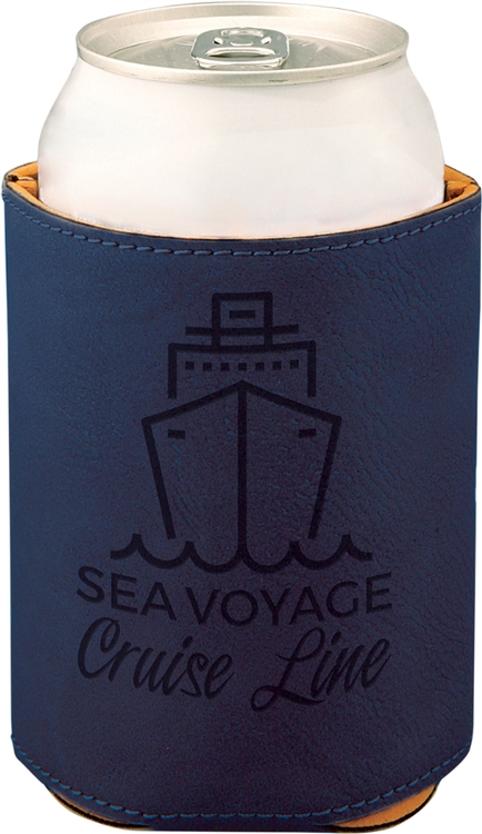 Blue Leatherette Beverage Holder, custom koozie with logo imprint 2