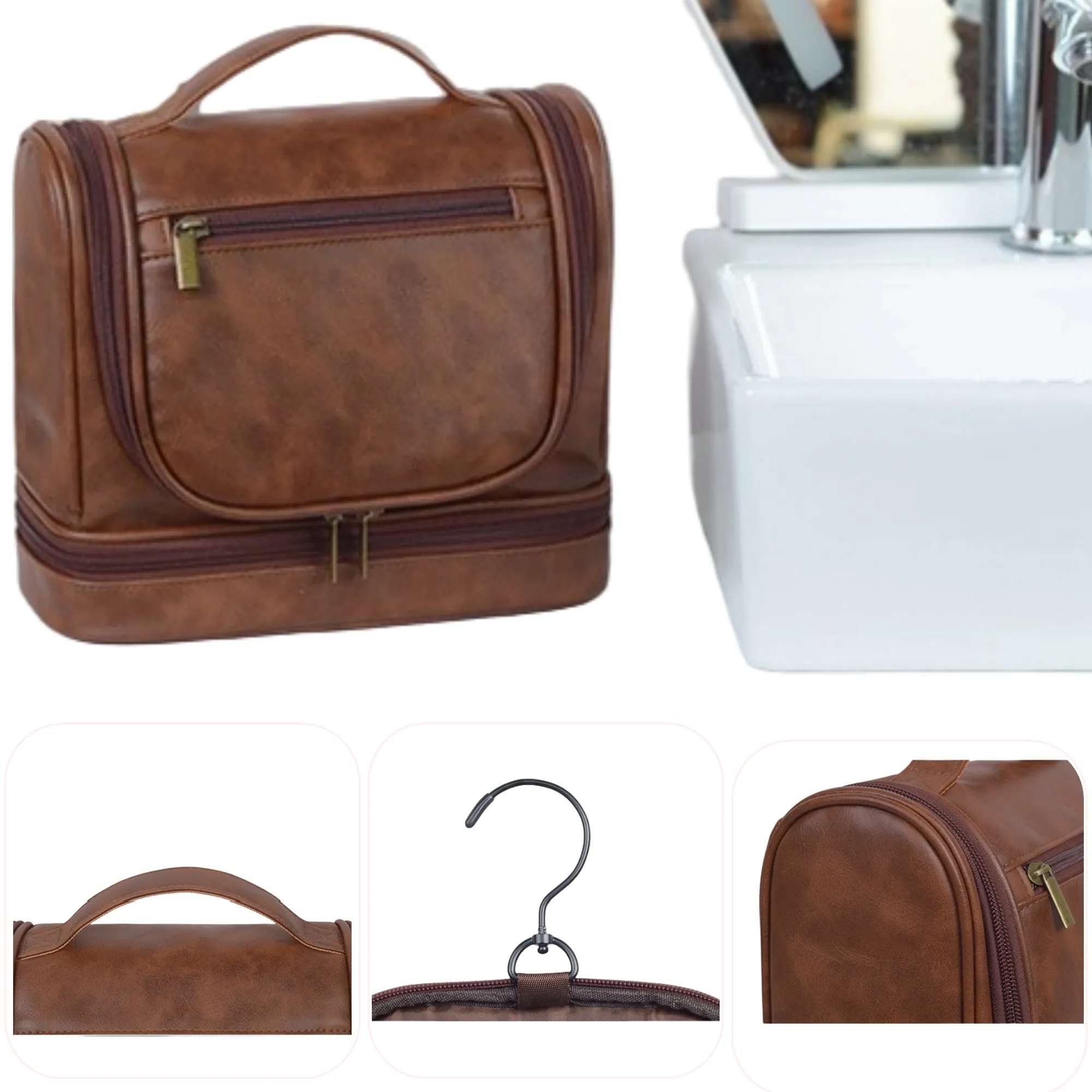 Men's PU Leather Hanging Travel Toiletry Bag 4