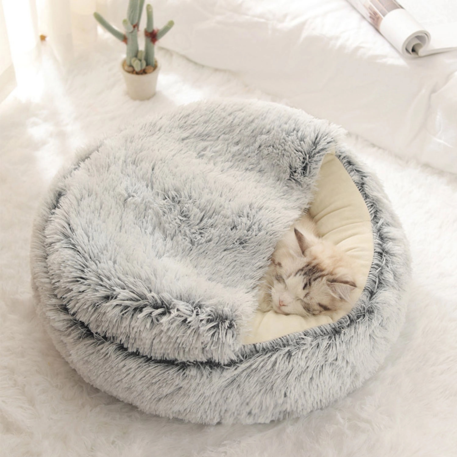 Round Soft Plush Burrowing Cave Hooded Pet Bed 2