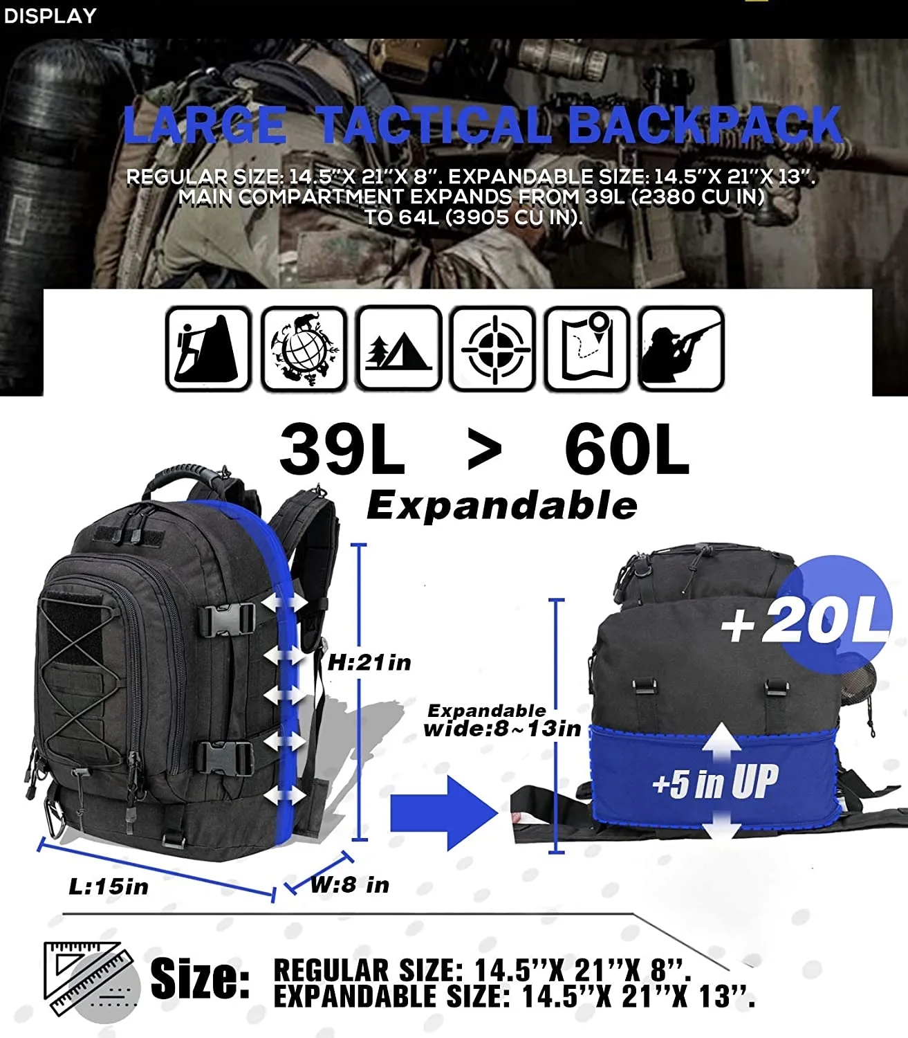 Tactical Hiking Expandable 39L-60L Backpack 7
