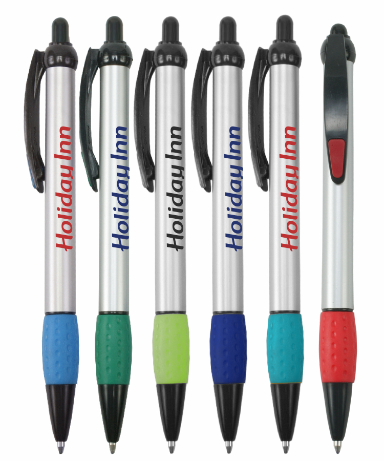 Promotional - Jolly Jotter - Silver Barrels Ballpoint Pens with Colored Trim and Rubber Grip 4