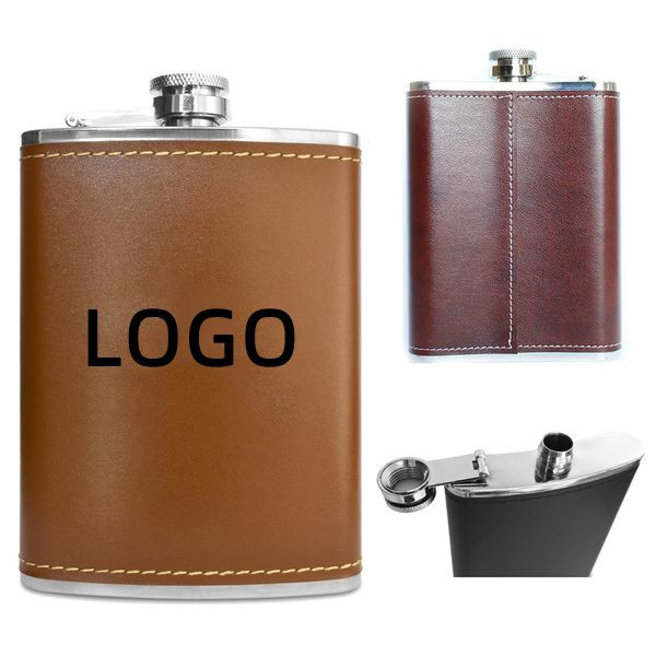 6 oz Leather Stainless Steel Flask, custom water bottle with logo imprint 1