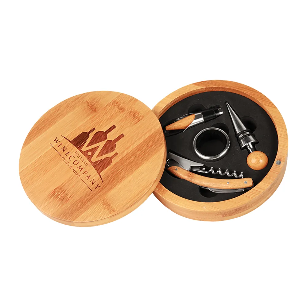 4-Piece Corkscrew Set with Round Wood Case (Natural Wood) 3