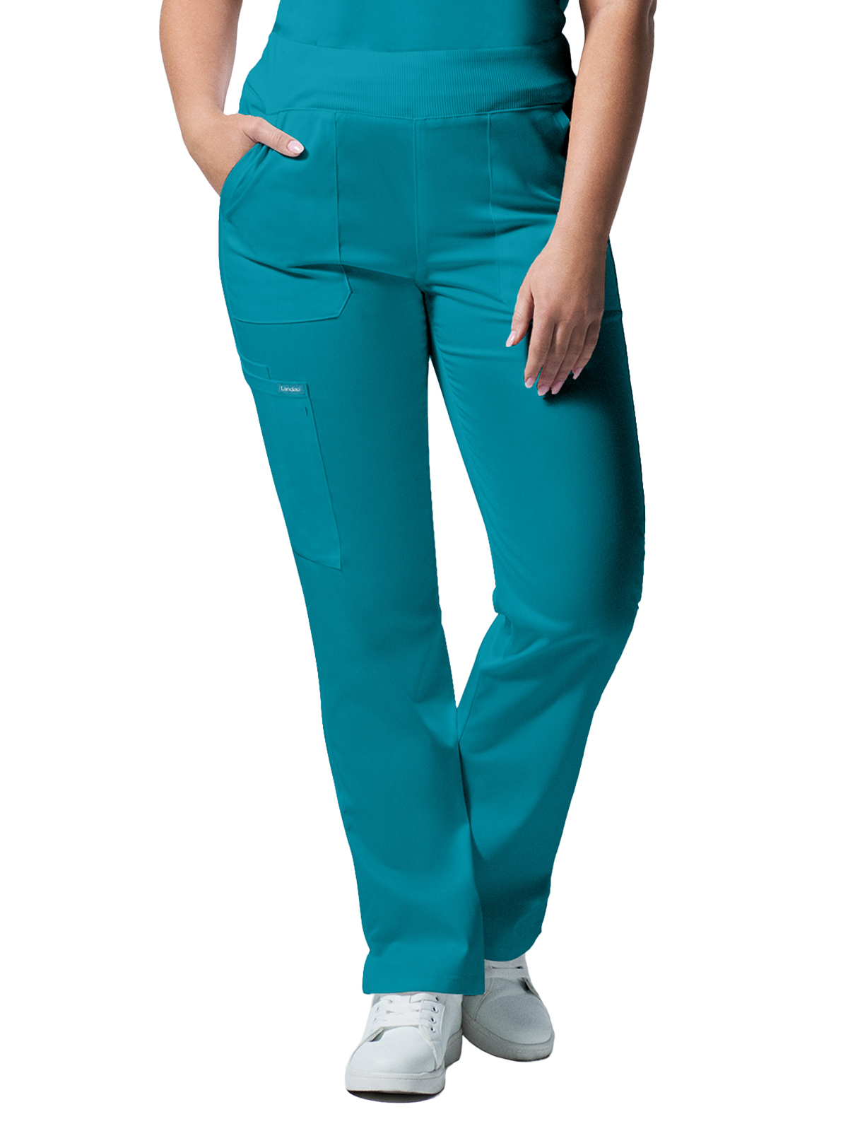 Landau - ProFlex - Women's Five-Pocket Mid-Rise Rib-Knit Elastic Waist Straight Leg Pant 33