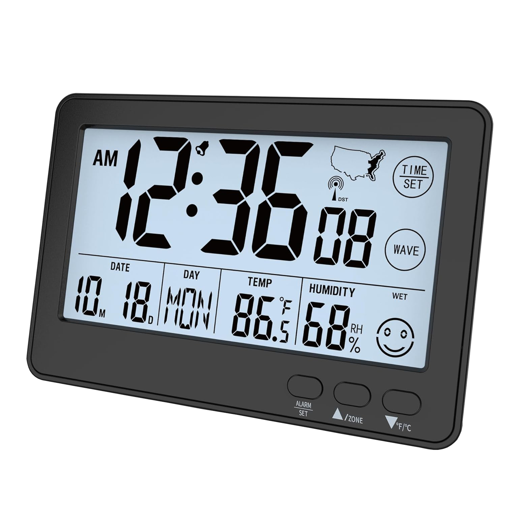 Multifunctional Atomic Wall Desk Clock with Auto Time Sync, Temperature Humidity Display, Backlight.