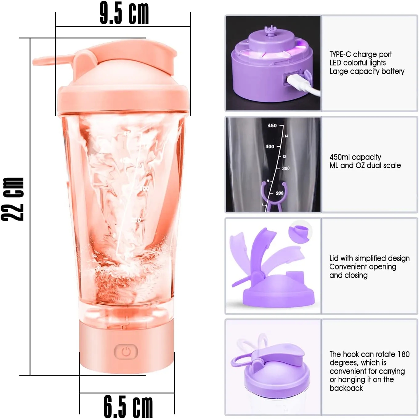 16oz Rechargeable Protein Shaker Bottle with Light 5