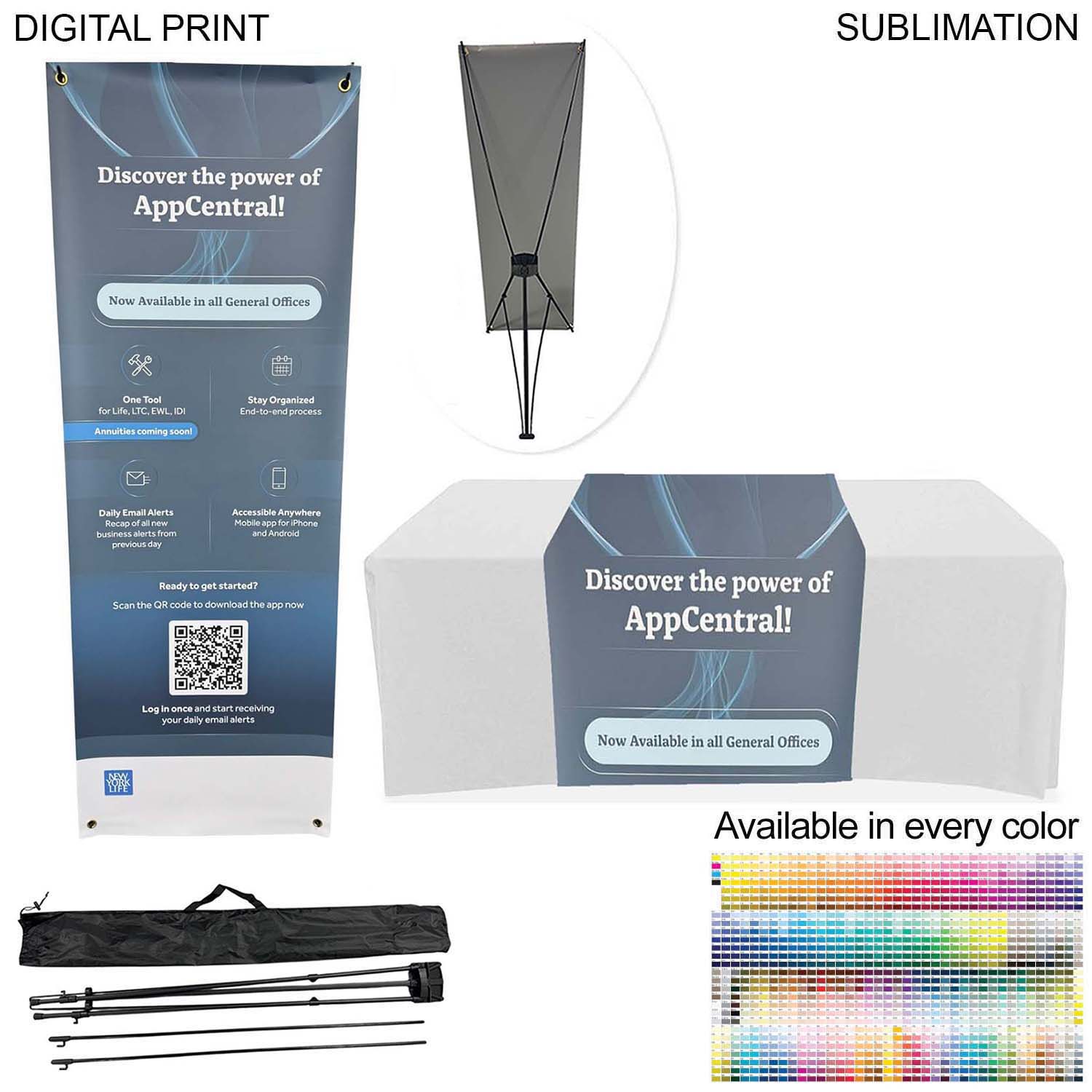 72 Hr Fast Ship - Tradeshow Package, Tripod Banner with Graphic DP651 + Sublimated Tablerunner SU520