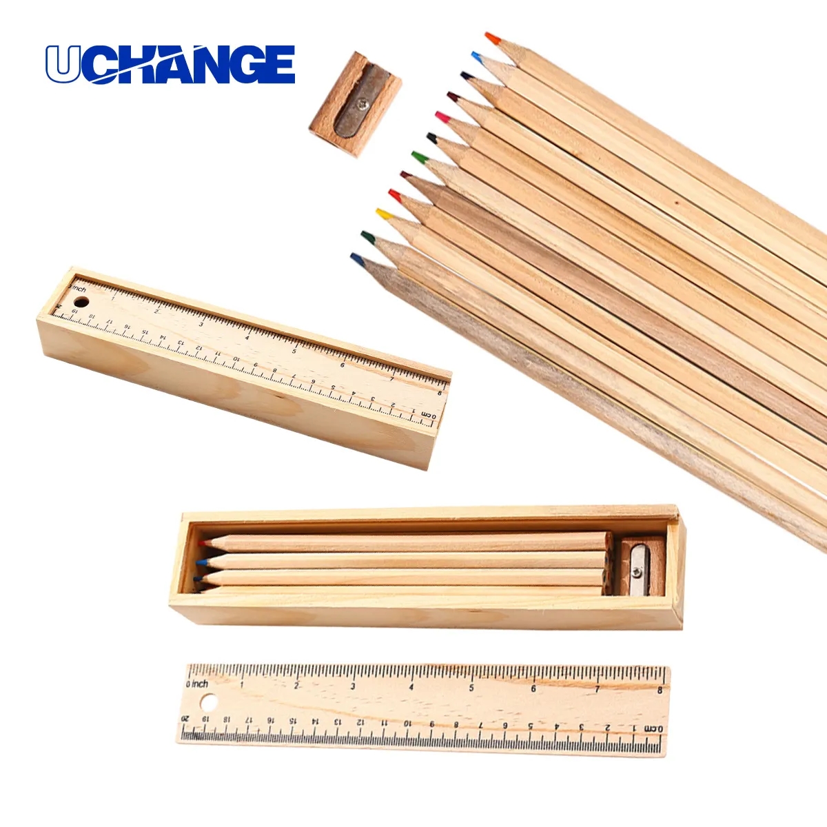Wooden Ruler Pencil-Box With 12 Colored Pencils 6