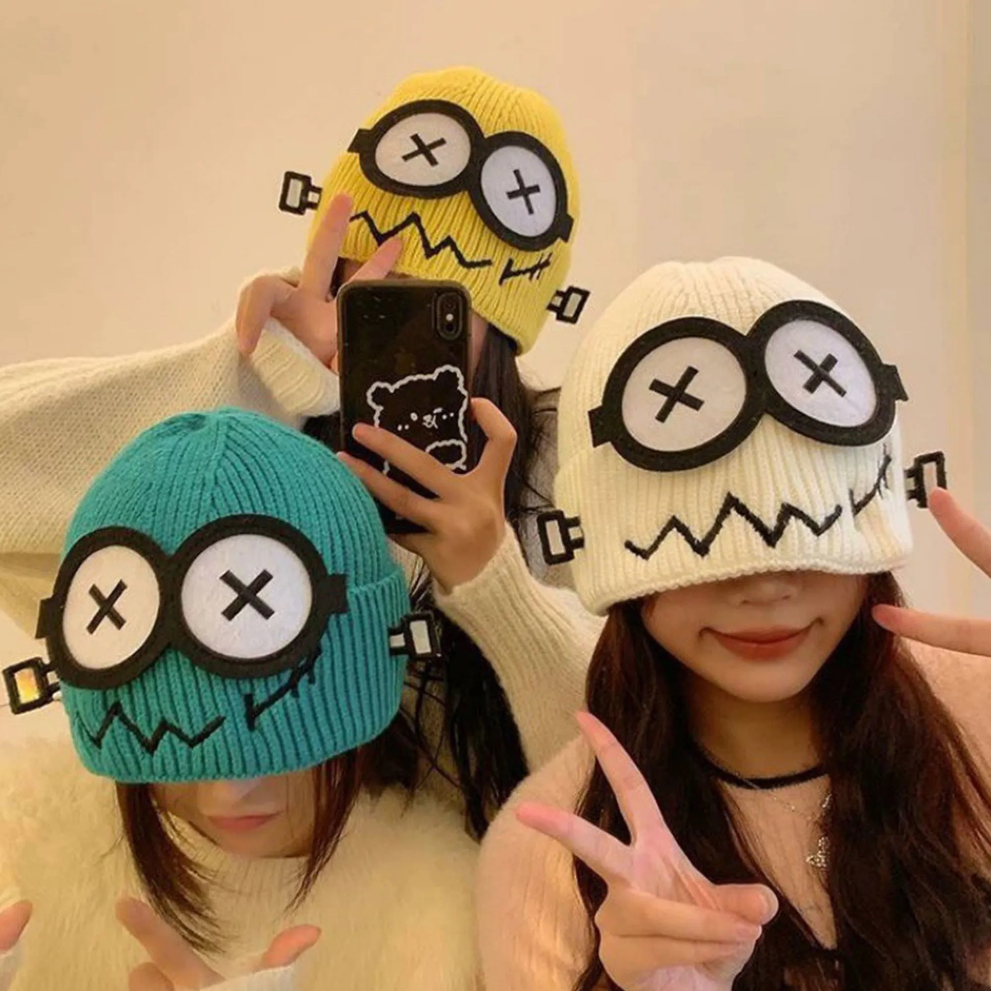 Funny Fault Robot Big Eye Knit Beanie For Women Winter Warm 8