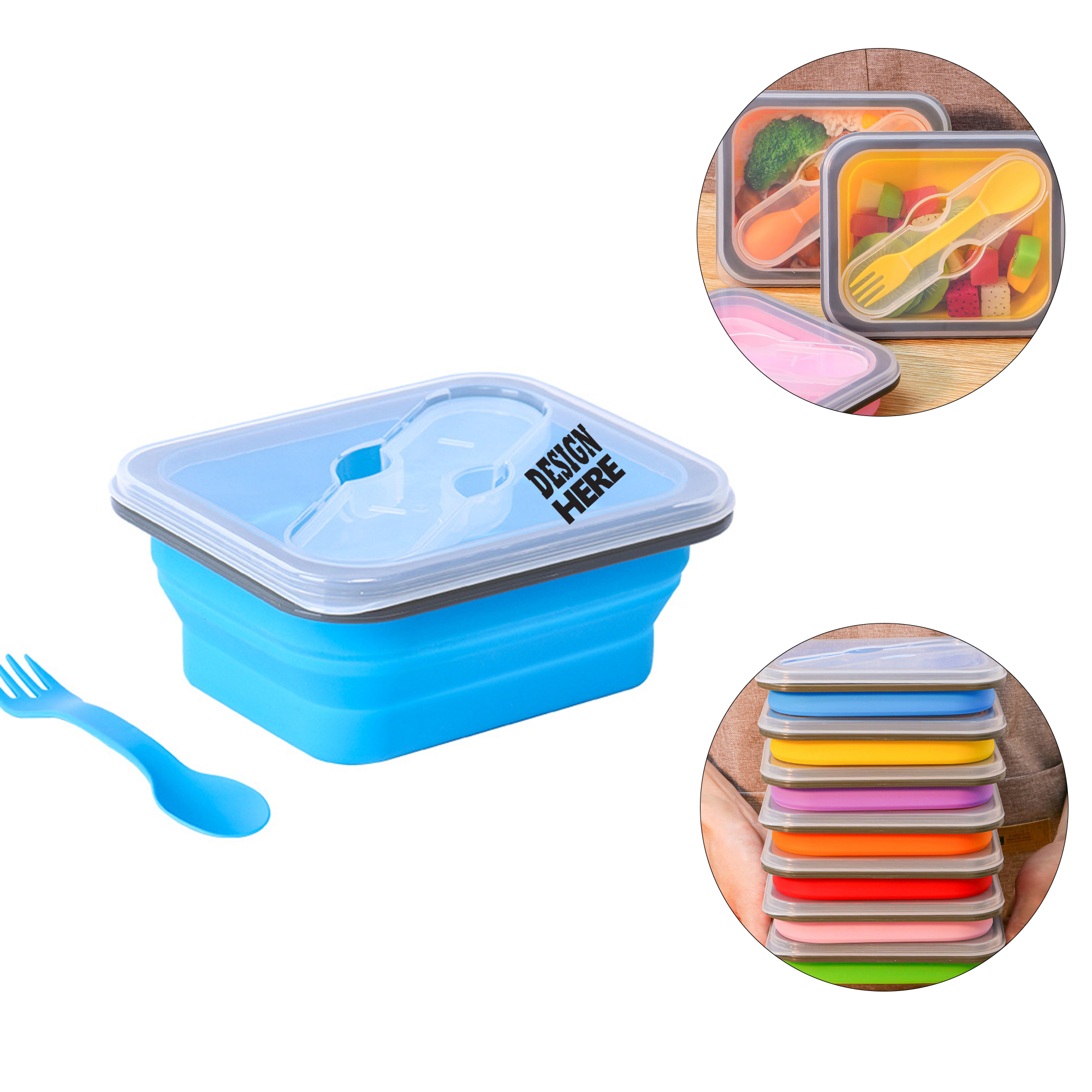 Square Silicone Folding Lunch Box With Lid And Spoon 1