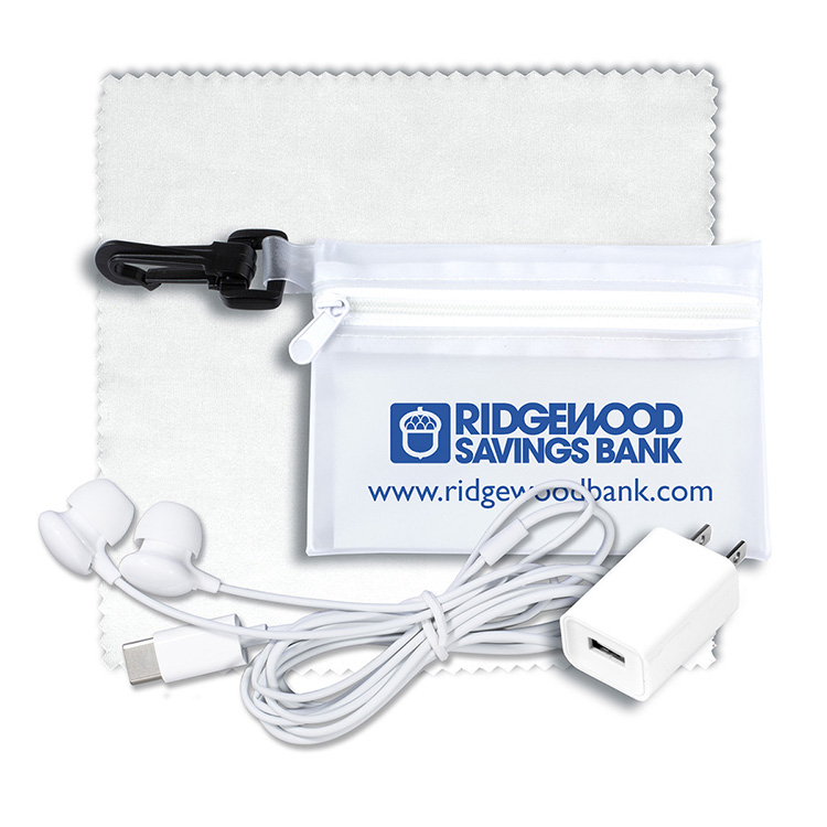 “TechClear” Mobile Tech Accessory Kit in Translucent Carabiner Zipper Pouch Components inserted into 7