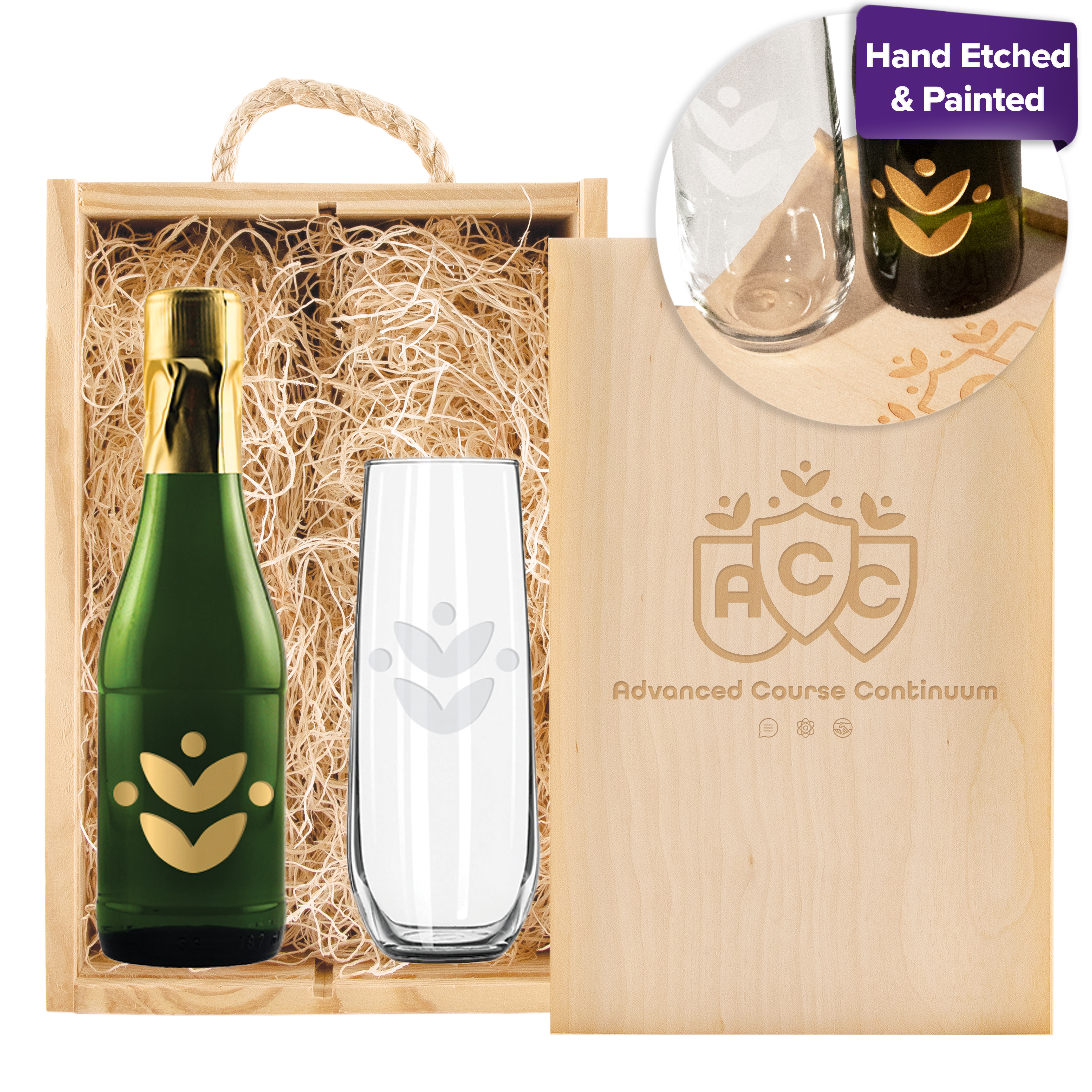 Laser-Engraved Double Half-Sized Wood Box w/Etched Mini Sparkling Wine + Flute 6