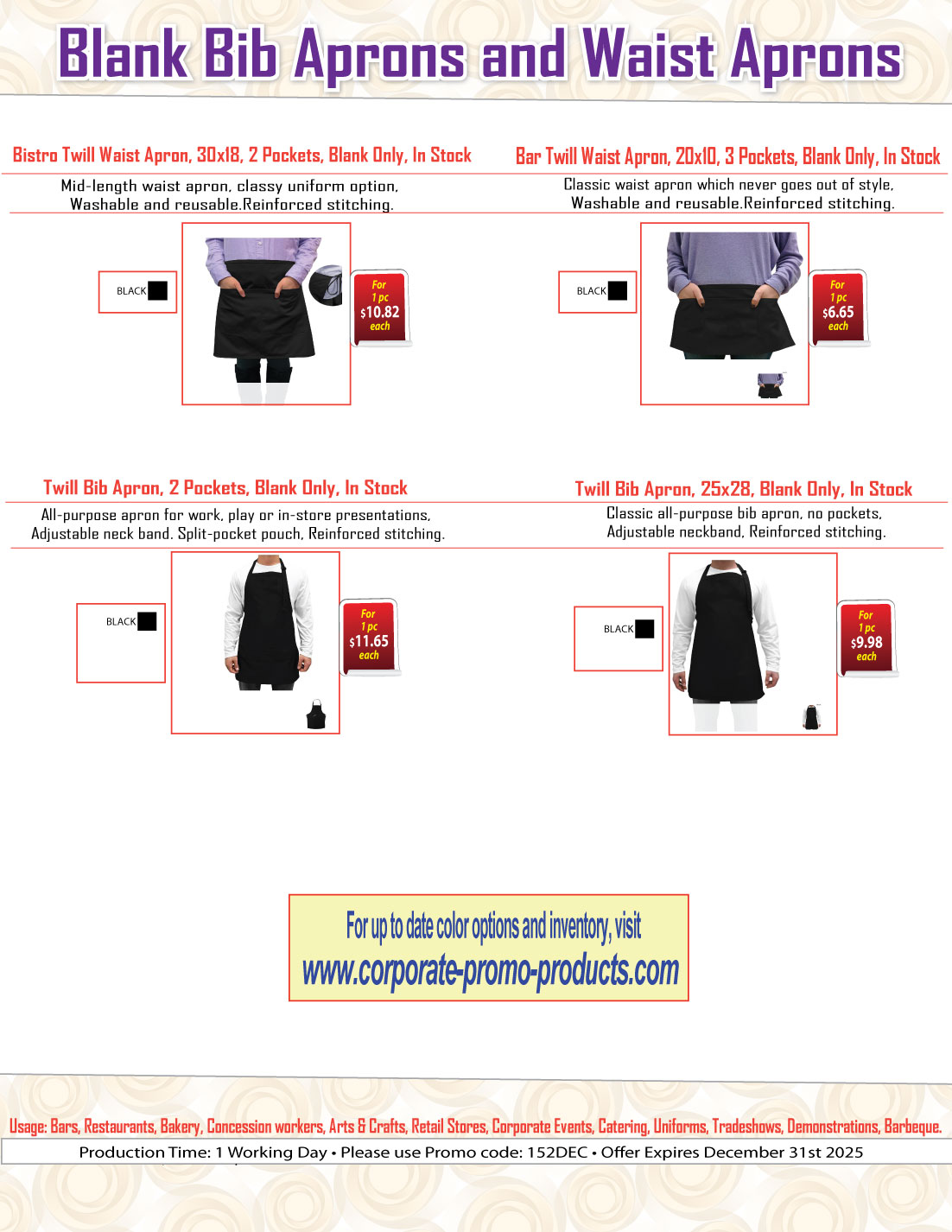 Twill Bib Apron, 25x28, 2 Pockets, Adjustable Neck, Blank Only, In Stock 2