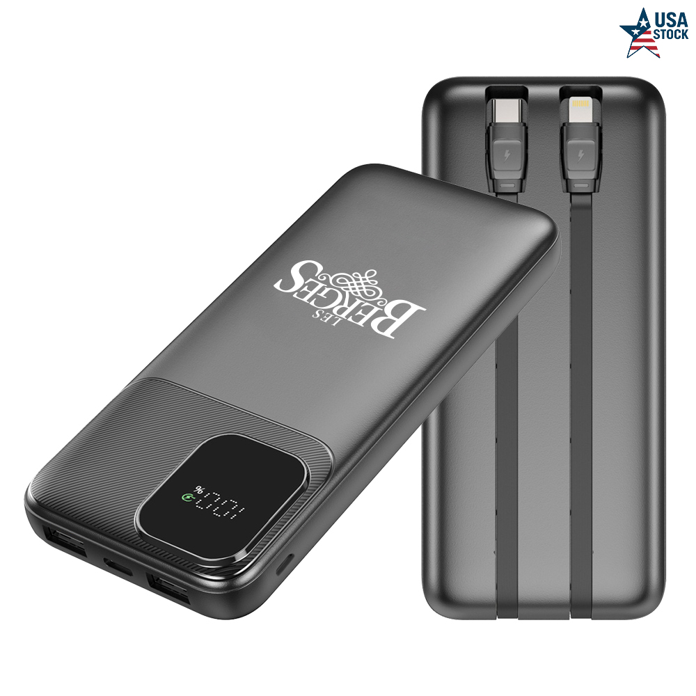 Portable 10000mAh Charger with Digital Display & Built-In Dual Charging Cables 5