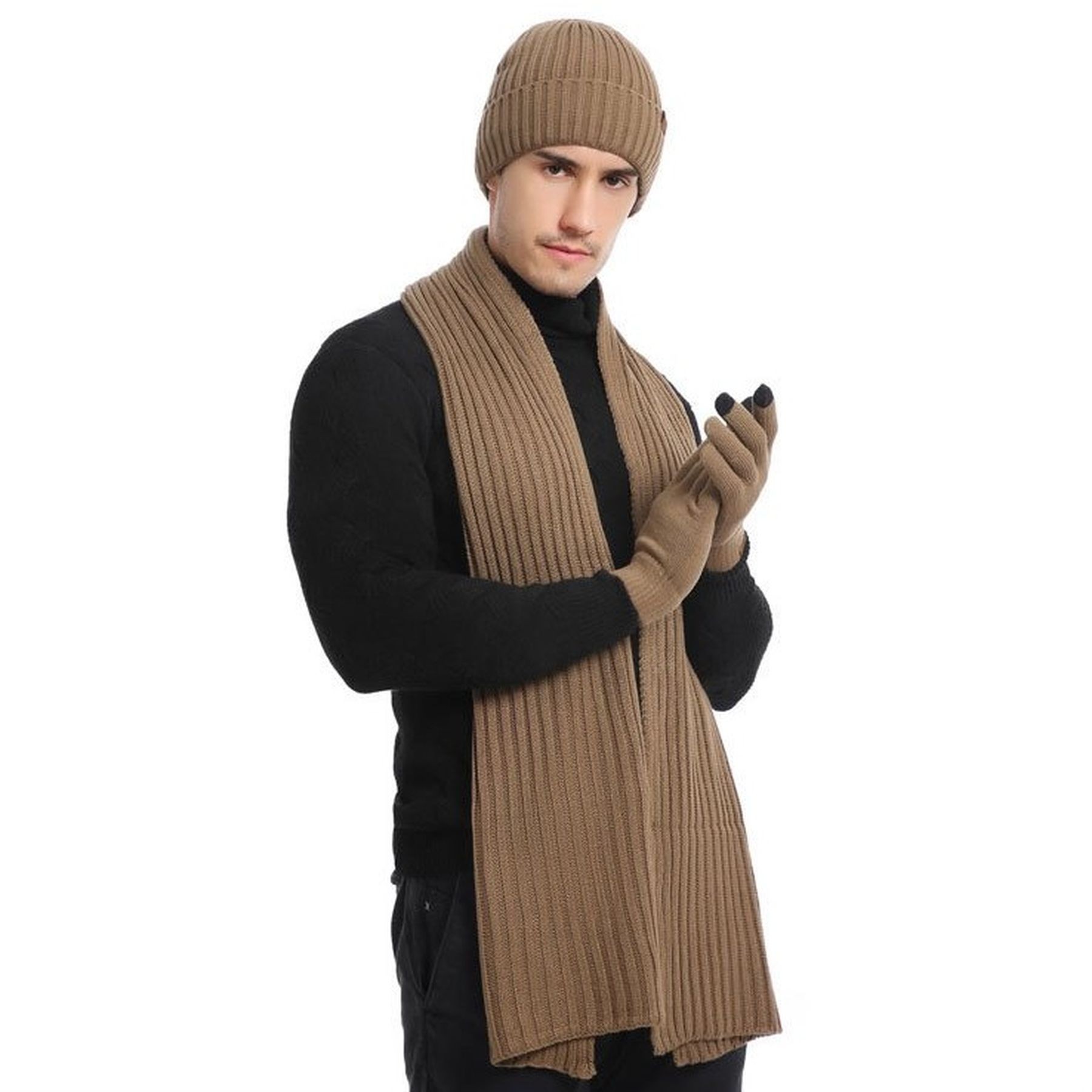 Winter Beanie Hat Warmer Long Scarf Touchscreen Gloves Set 14