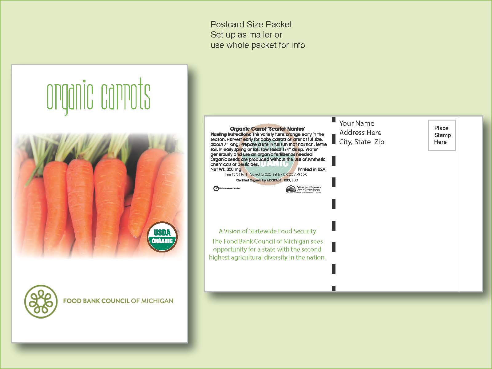 Organic Carrot 'Scarlet Nantes' Seed Packet - Postcard Mailer Size 4" x 6.5" 1