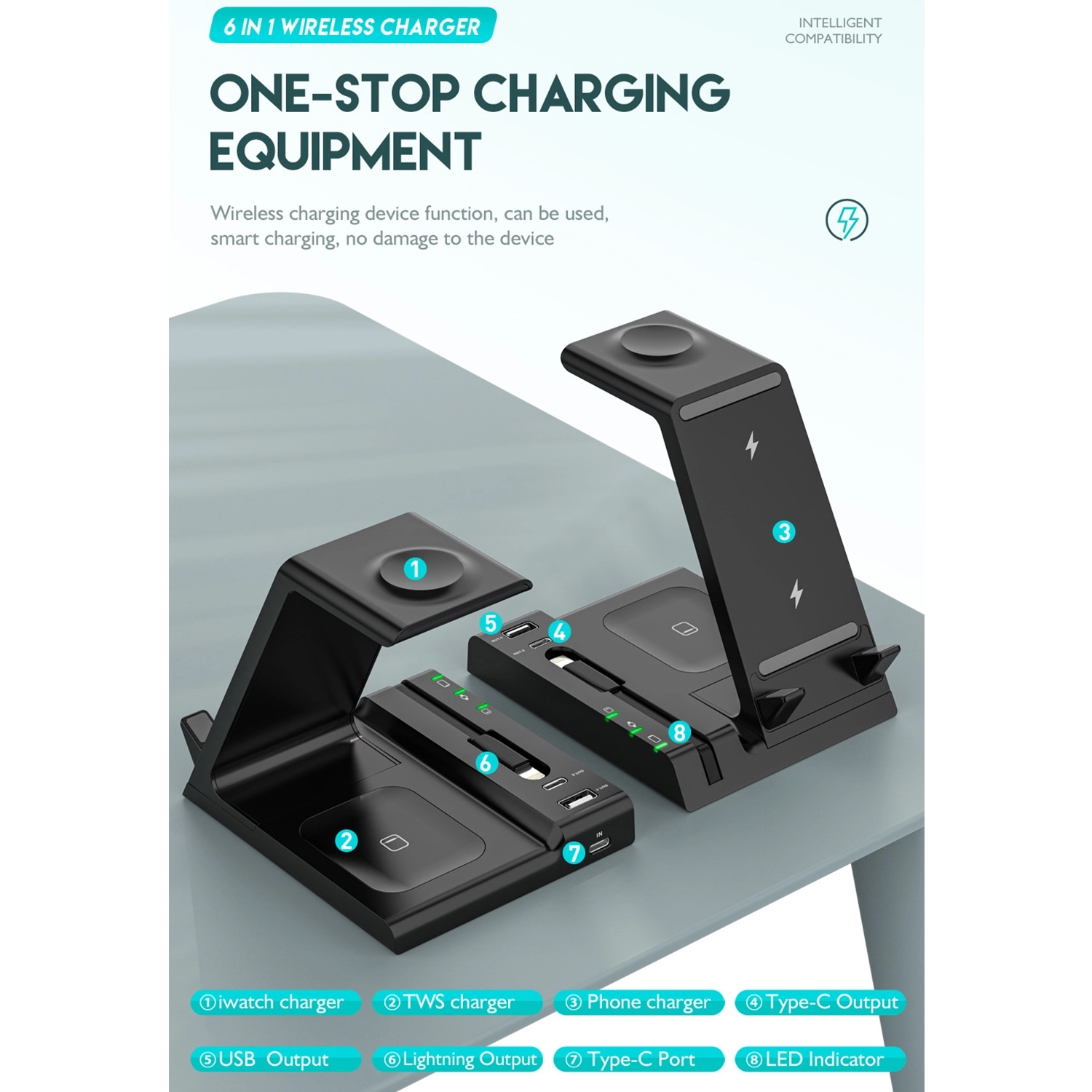 Wireless Charger 6 In 1 Fast Charging Station 15W 3