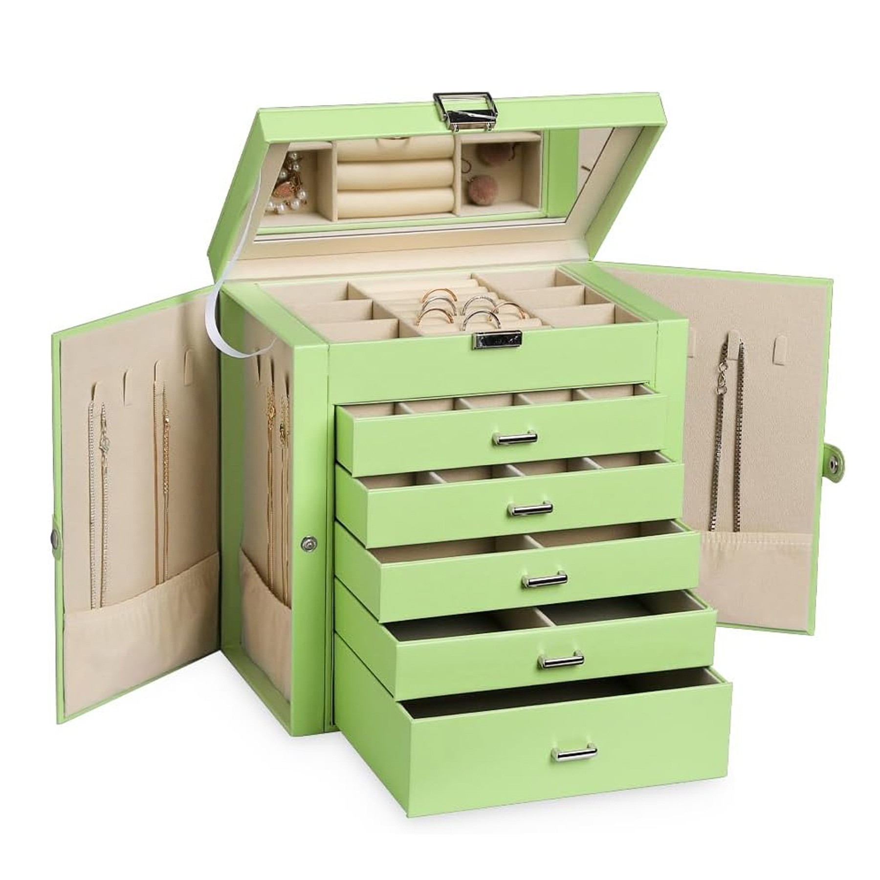 6 Tier PU Leather Jewelry Box with Lock 4