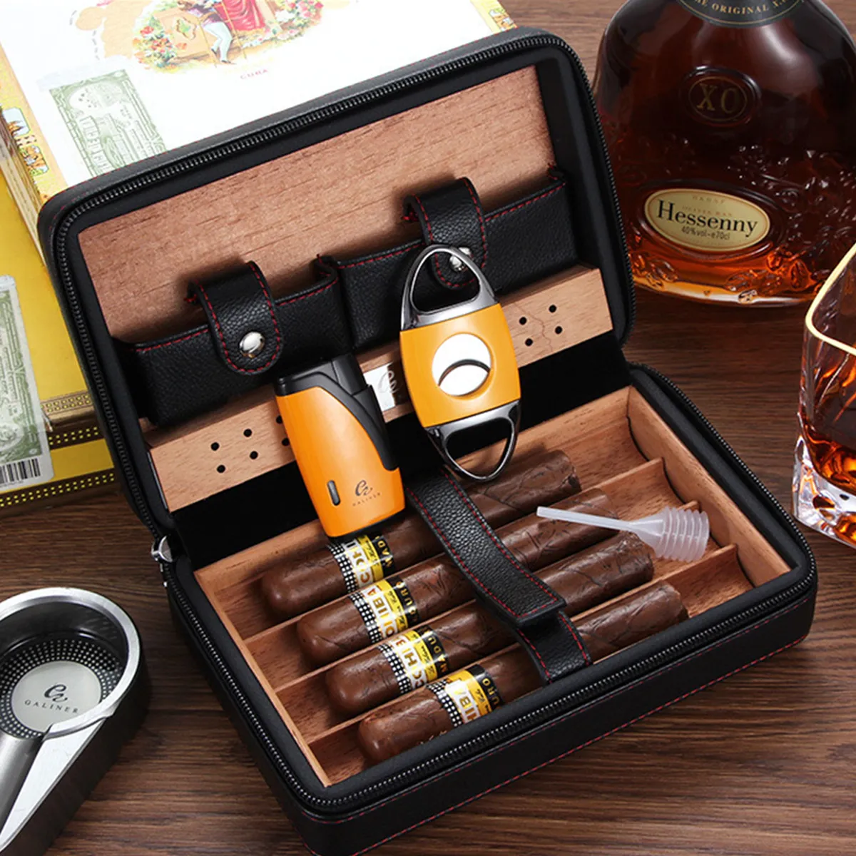 Portable Cigar Box Humidor Travel Leather Case Set 4