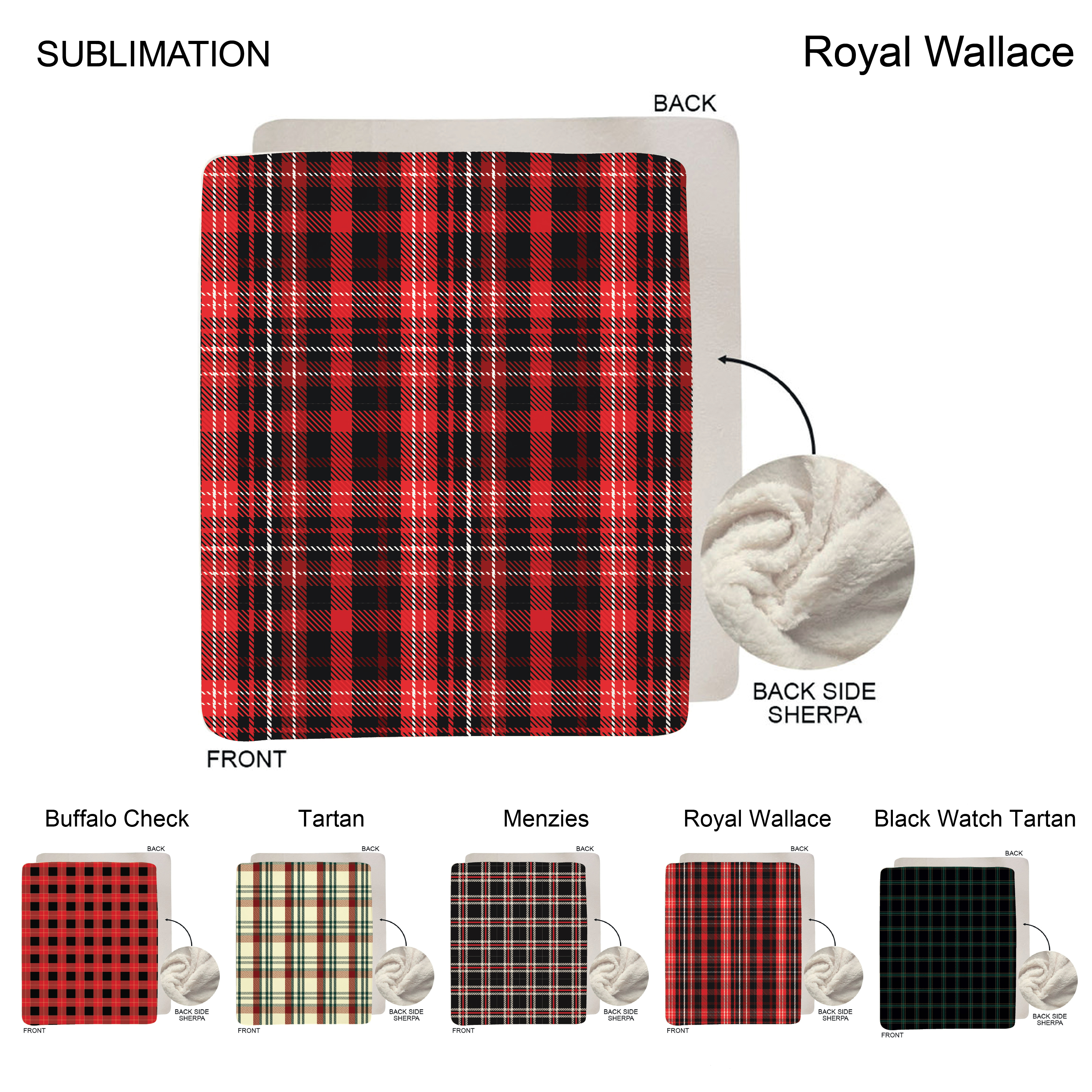 Stock Plaid Design Plush Sherpa Lined Micro Mink Throw, 50"x60", Sublimated 4