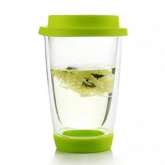 Double Wall Glass Cup w/ Colorful Silicone Lid 12 oz 3