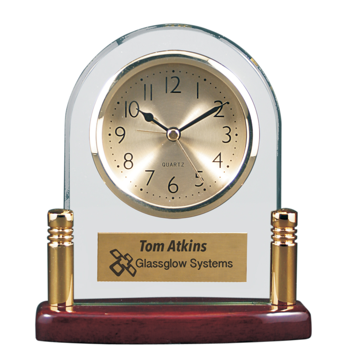 6-1/2" Arch Glass Desk Clock with Rosewood Finish Accent 1