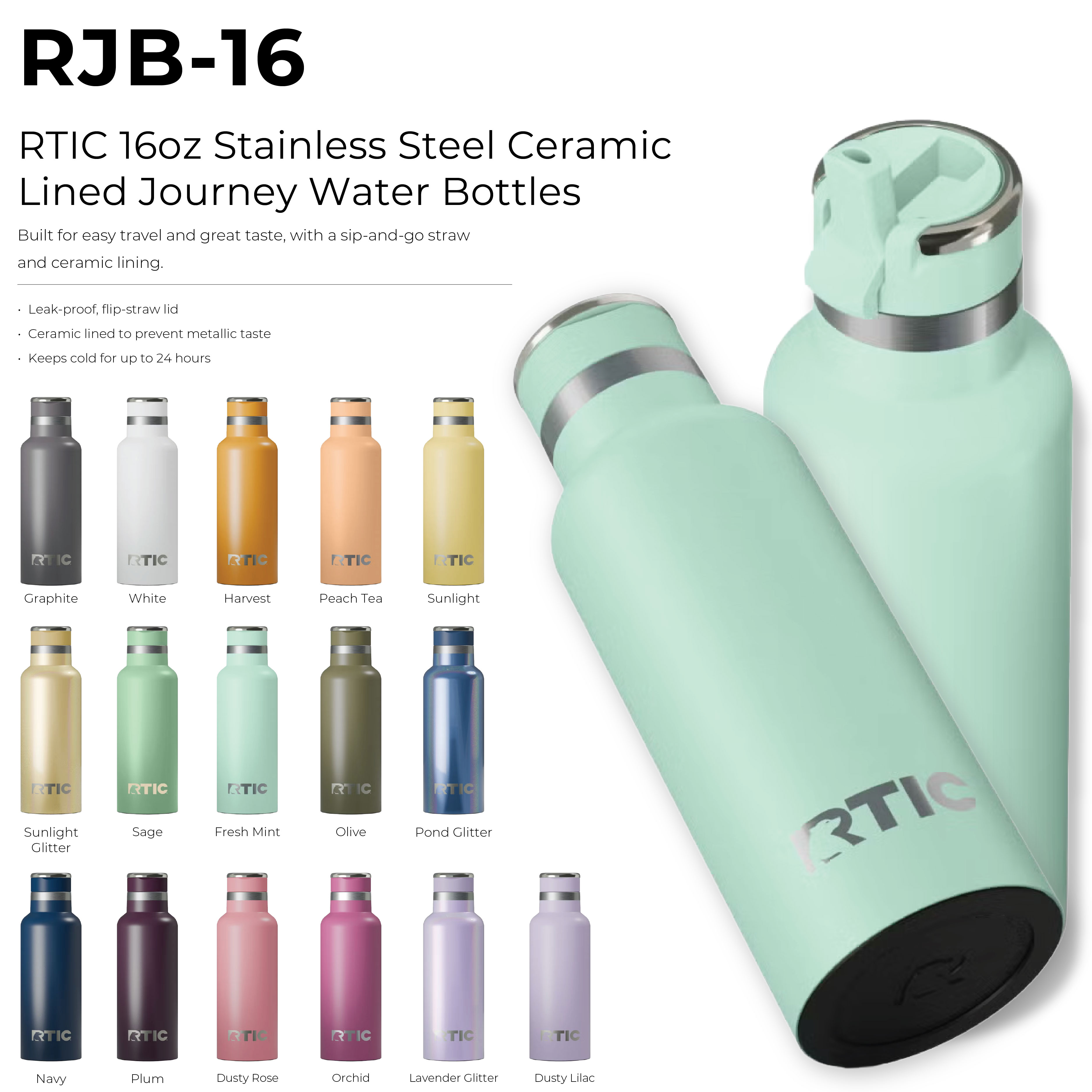 RTIC 16oz Stainless Steel Ceramic-Lined Journey Water Bottles 44
