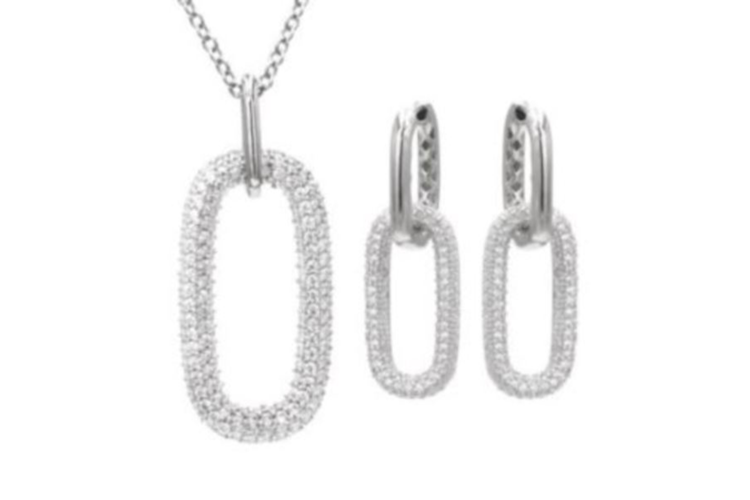 Antwerp Sterling Silver CZ Dangle Paperclip Earrings and Necklace Set 1