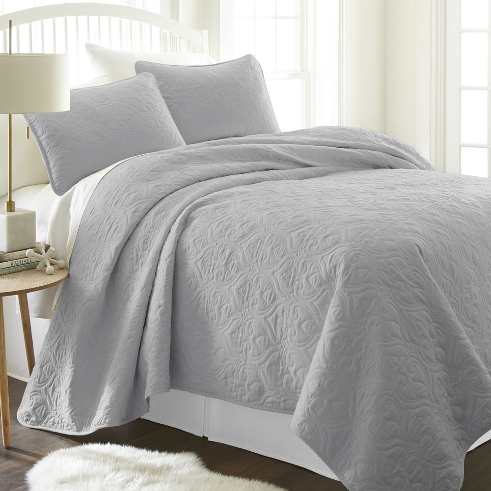 Premium Quilted Coverlet Sets - Gray Twin Damask Pattern 2 Piece 2