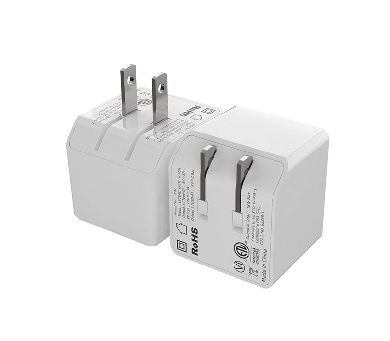 Dual Port USB Foldable Wall Plug Charger - PD 18W + QC3.0 12
