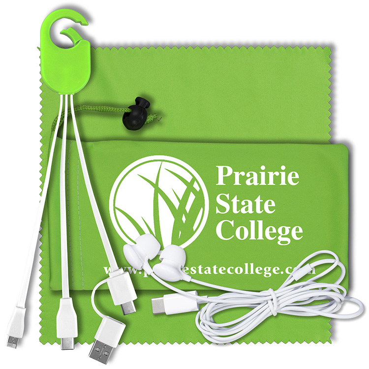 Mobile Tech Charging Kit with Earbuds in Microfiber Cinch Pouch Components inserted into Microfiber 2