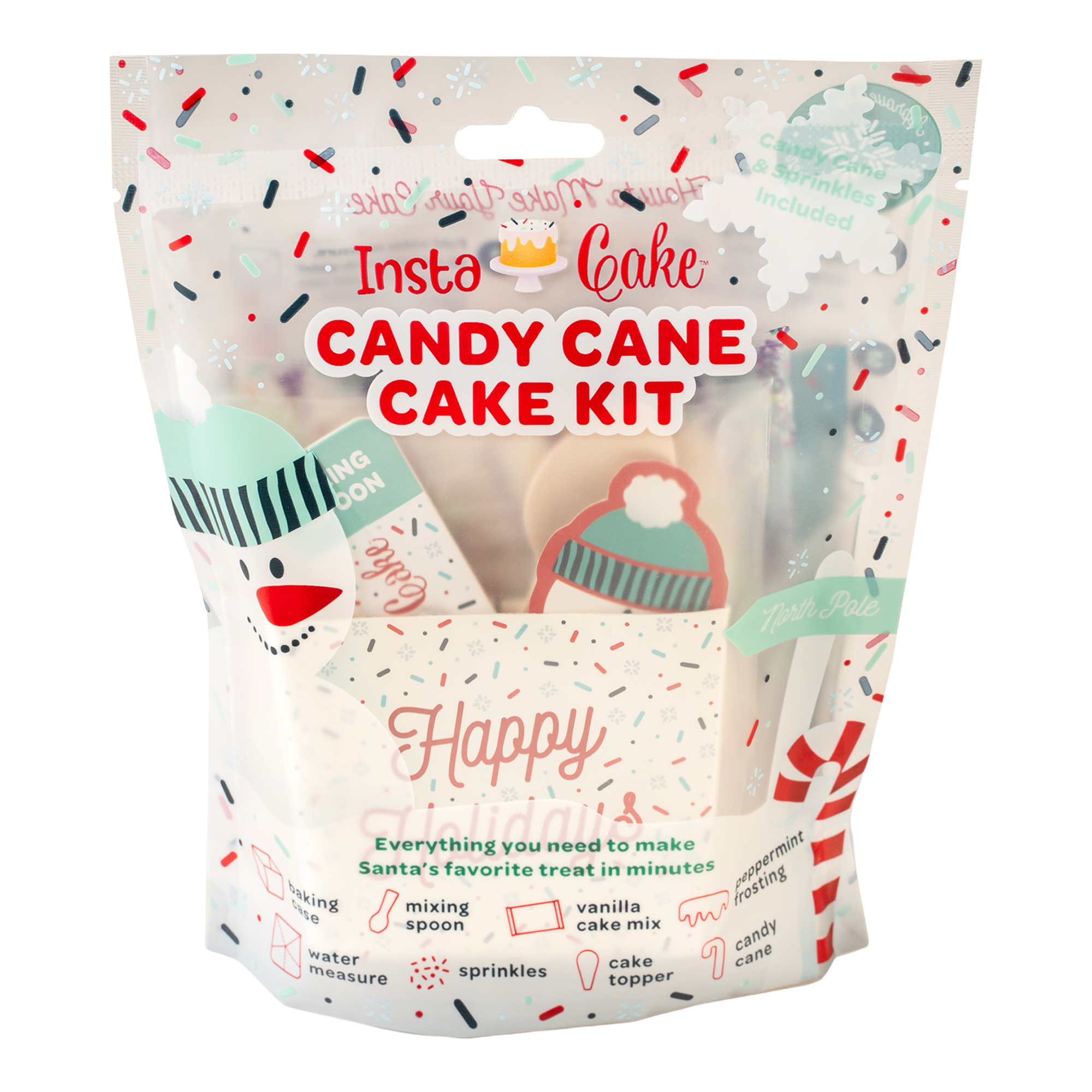 All-in-one celebration kit with a pop-up baking case, cake mix, frosting, sprinkles, candle, spoon, and water measure—just add water and microwave. 10